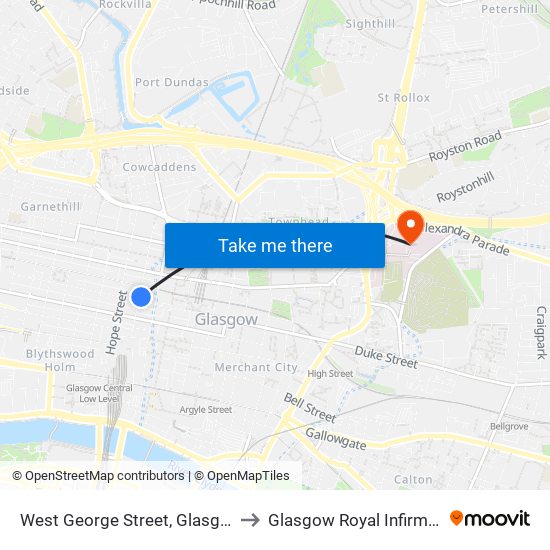 West George Street, Glasgow to Glasgow Royal Infirmary map