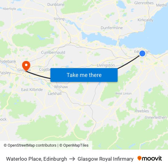 Waterloo Place, Edinburgh to Glasgow Royal Infirmary map