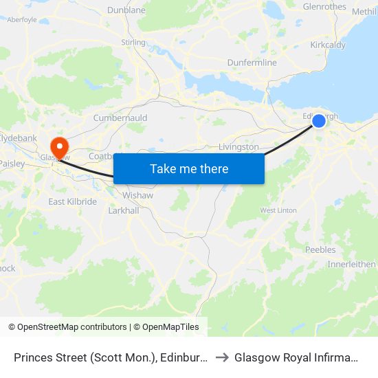 Princes Street (Scott Mon.), Edinburgh to Glasgow Royal Infirmary map