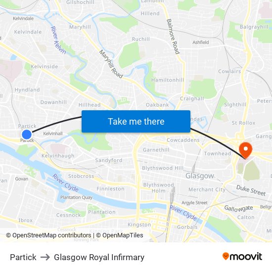 Partick to Glasgow Royal Infirmary map