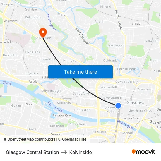 Glasgow Central Station to Kelvinside map