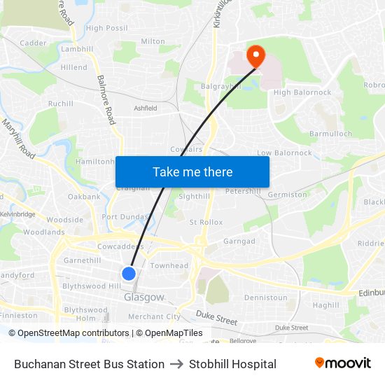 Buchanan Street Bus Station to Stobhill Hospital map