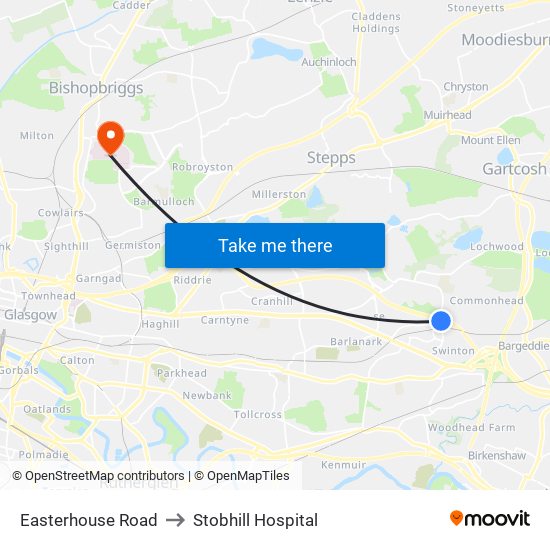 Easterhouse Road to Stobhill Hospital map