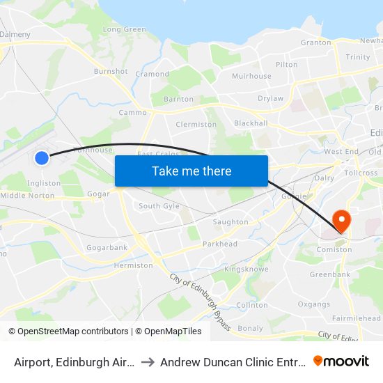 Airport, Edinburgh Airport to Andrew Duncan Clinic Entrance map