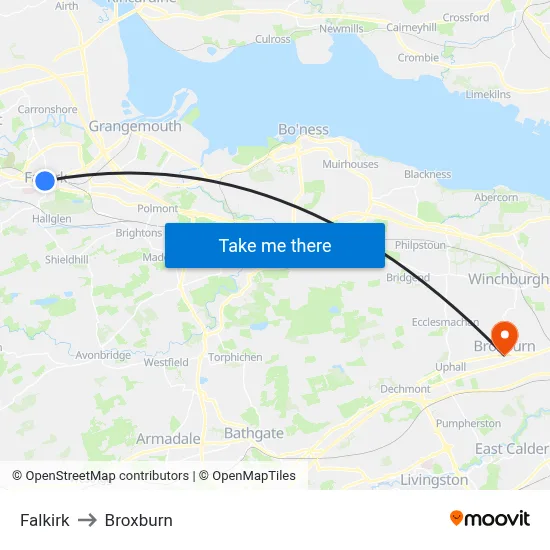 Falkirk to Broxburn map
