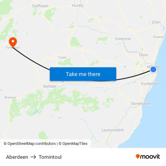 Aberdeen to Tomintoul map