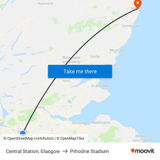 Central Station, Glasgow to Pittodrie Stadium map