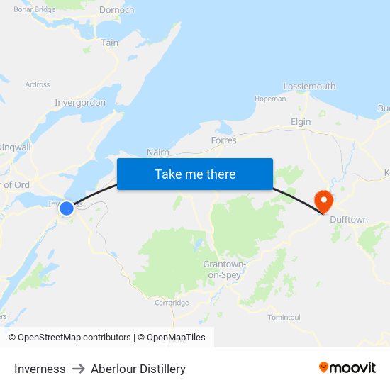 Inverness to Aberlour Distillery map