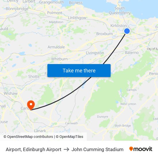 Airport, Edinburgh Airport to John Cumming Stadium map
