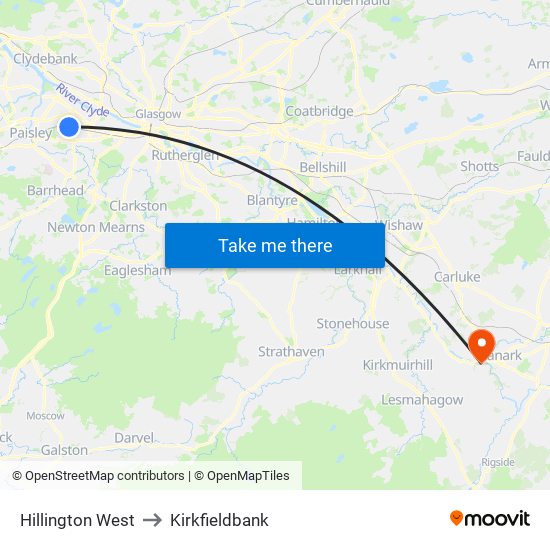 Hillington West to Kirkfieldbank map