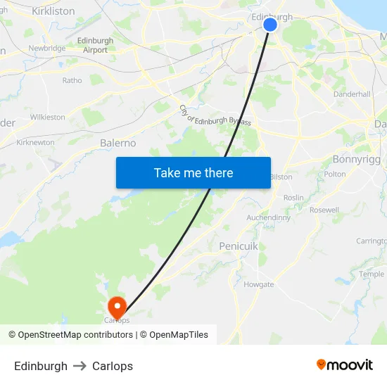 Edinburgh to Carlops map