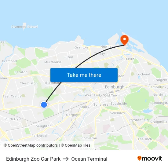 Edinburgh Zoo Car Park to Ocean Terminal map