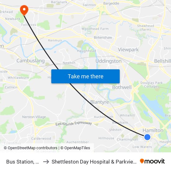 Bus Station, Hamilton to Shettleston Day Hospital & Parkview Resource Centre map
