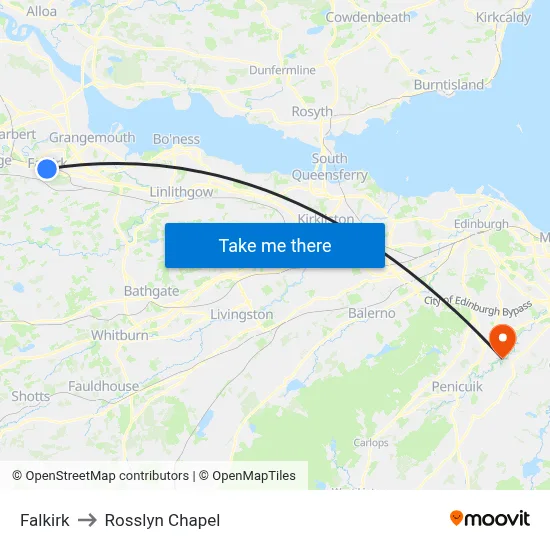 Falkirk to Rosslyn Chapel map
