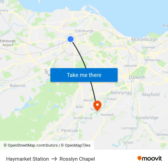 Haymarket Station to Rosslyn Chapel map