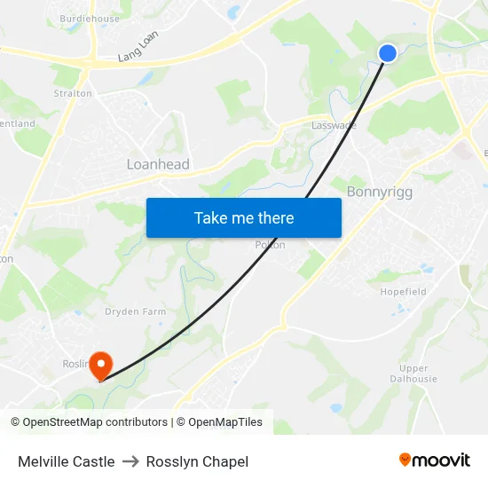 Melville Castle to Rosslyn Chapel map