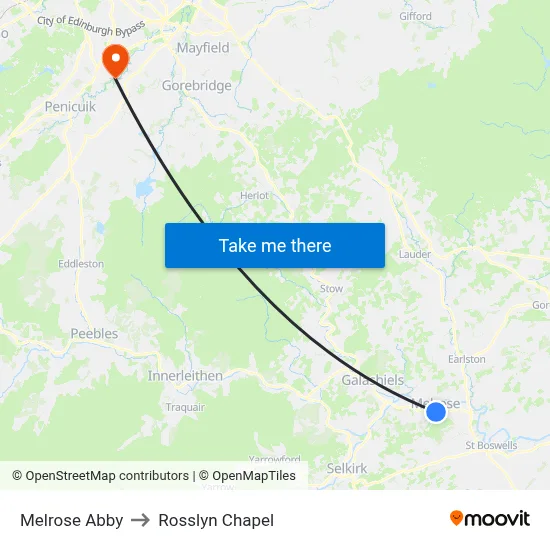 Melrose Abby to Rosslyn Chapel map