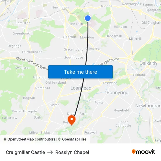 Craigmillar Castle to Rosslyn Chapel map