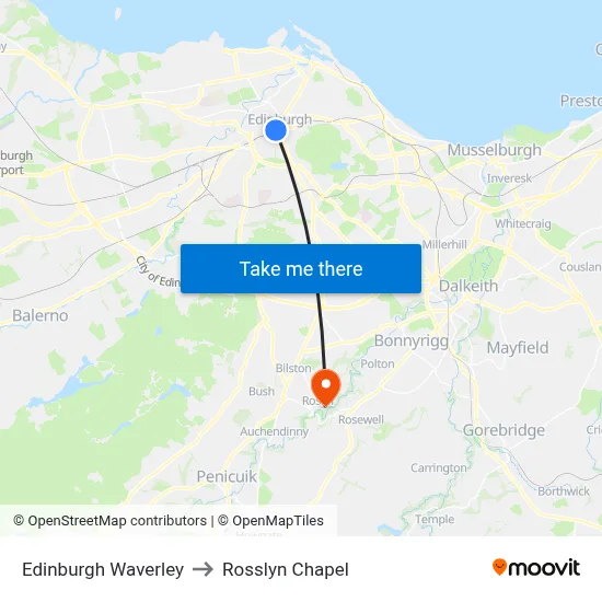 Edinburgh Waverley to Rosslyn Chapel map