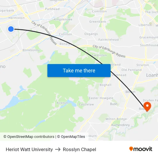 Heriot Watt University to Rosslyn Chapel map