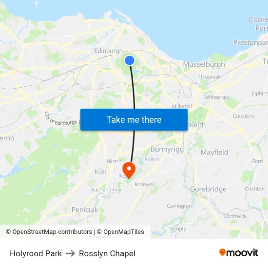 Holyrood Park to Rosslyn Chapel map