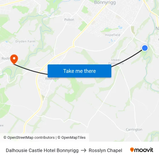 Dalhousie Castle Hotel Bonnyrigg to Rosslyn Chapel map