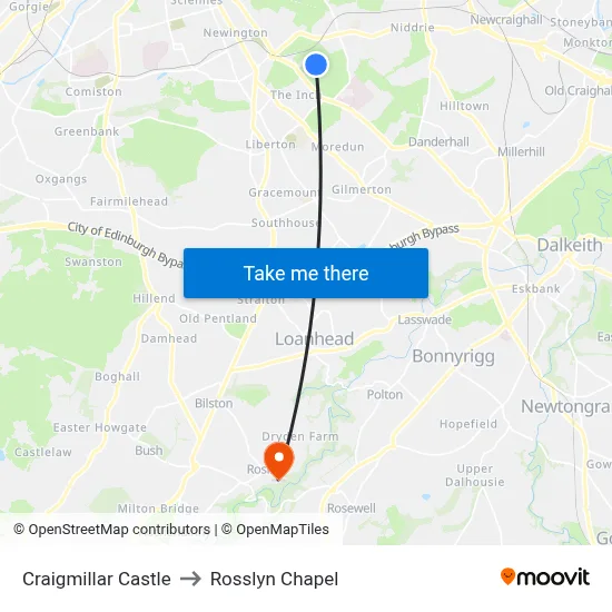 Craigmillar Castle to Rosslyn Chapel map