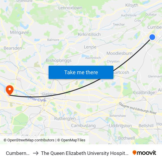 Cumbernauld to The Queen Elizabeth University Hospital Campus map