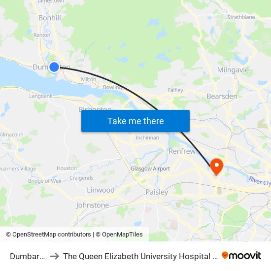 Dumbarton to The Queen Elizabeth University Hospital Campus map