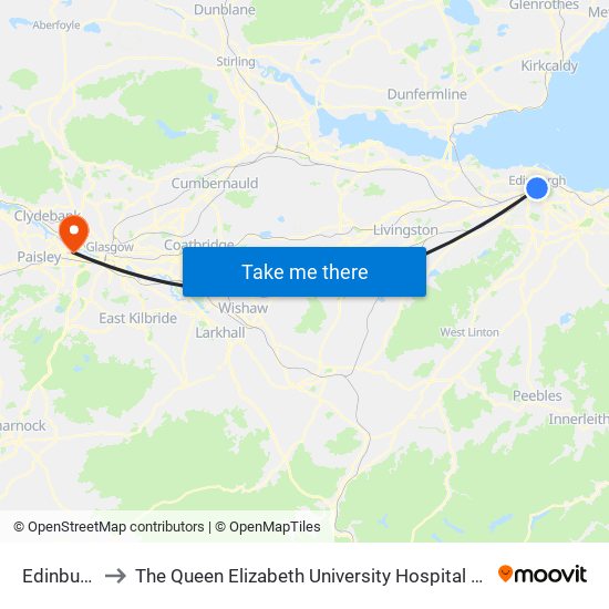 Edinburgh to The Queen Elizabeth University Hospital Campus map