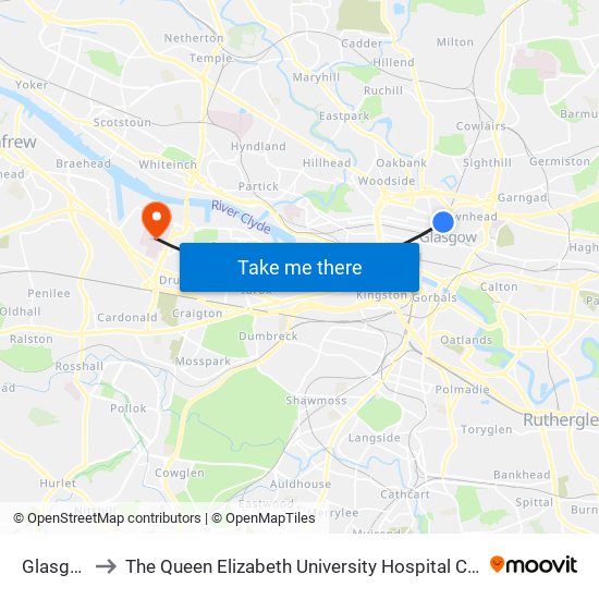 Glasgow to The Queen Elizabeth University Hospital Campus map