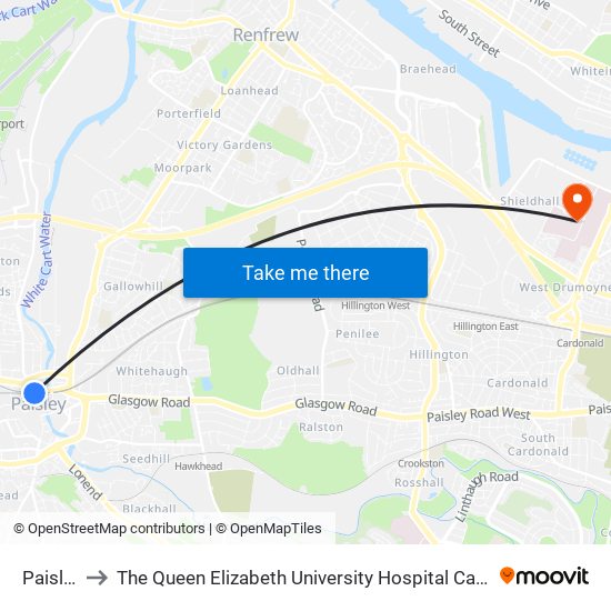 Paisley to The Queen Elizabeth University Hospital Campus map