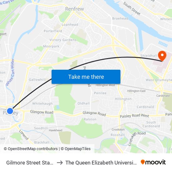 Gilmore Street Station Taxi Rank to The Queen Elizabeth University Hospital Campus map