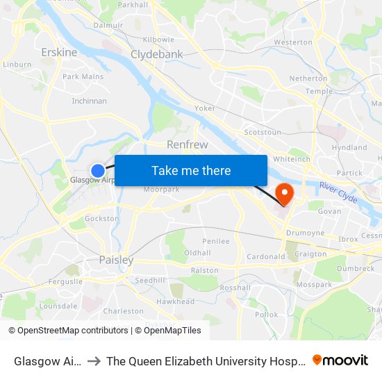 Glasgow Airport to The Queen Elizabeth University Hospital Campus map