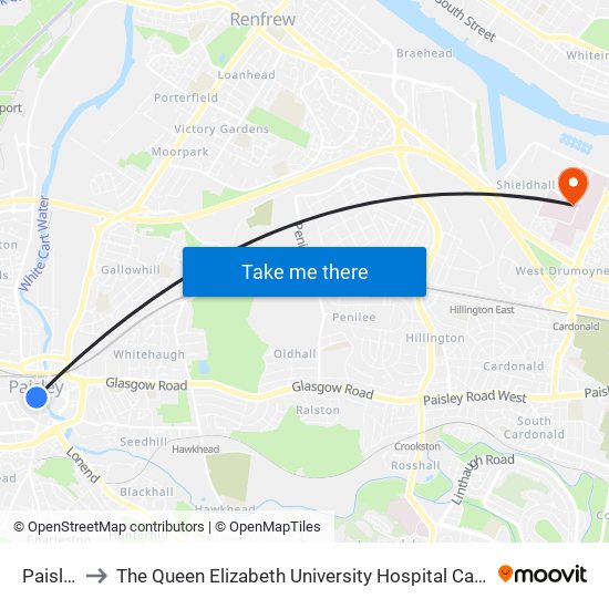 Paisley to The Queen Elizabeth University Hospital Campus map