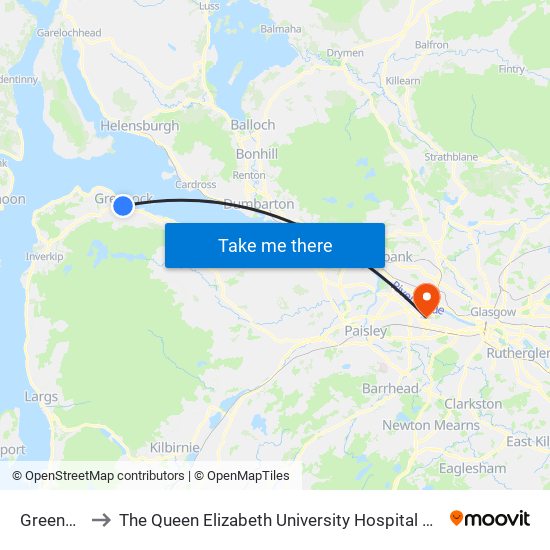 Greenock to The Queen Elizabeth University Hospital Campus map