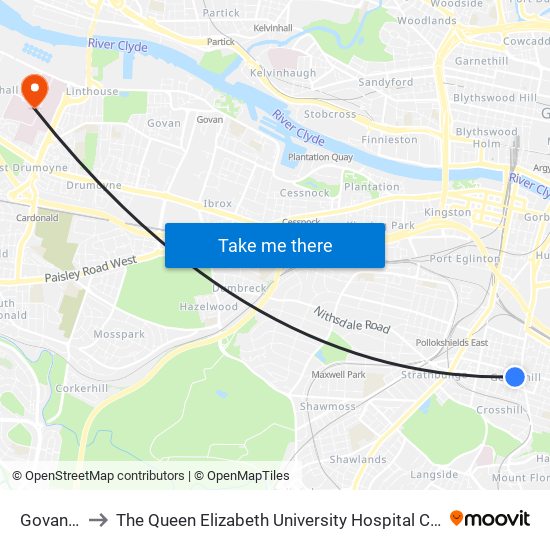 Govanhill to The Queen Elizabeth University Hospital Campus map