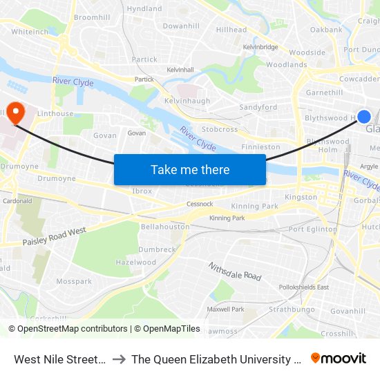 West Nile Street, Glasgow to The Queen Elizabeth University Hospital Campus map