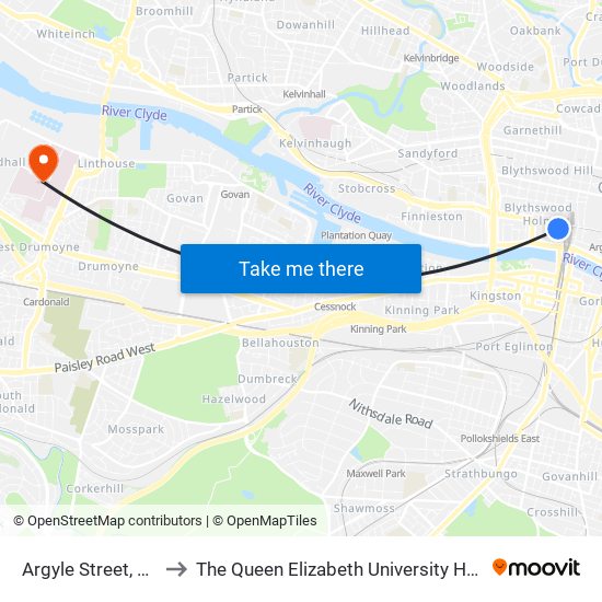 Argyle Street, Glasgow to The Queen Elizabeth University Hospital Campus map