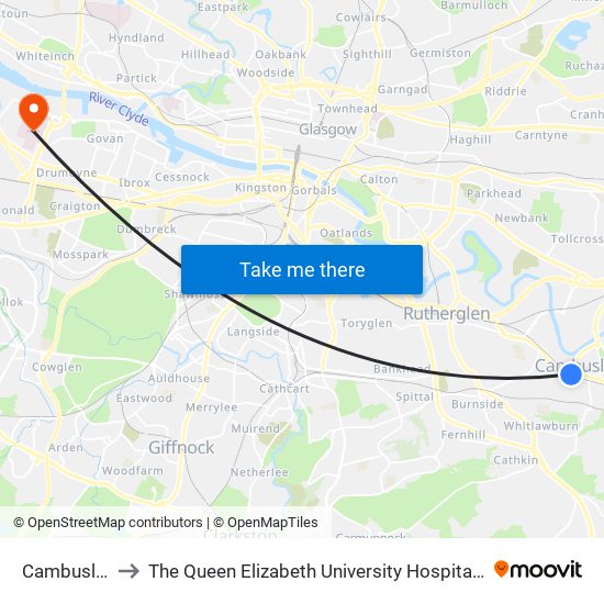 Cambuslang to The Queen Elizabeth University Hospital Campus map