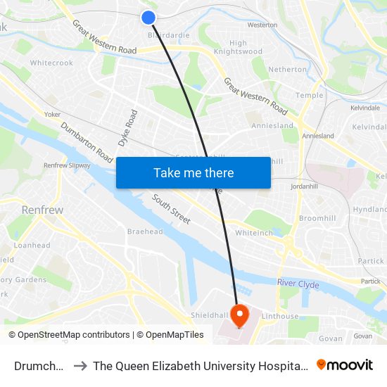 Drumchapel to The Queen Elizabeth University Hospital Campus map