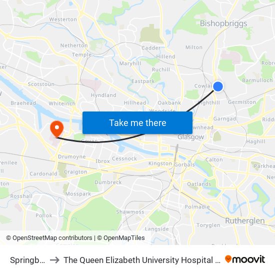 Springburn to The Queen Elizabeth University Hospital Campus map