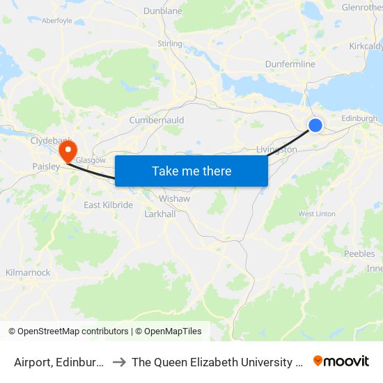 Airport, Edinburgh Airport to The Queen Elizabeth University Hospital Campus map