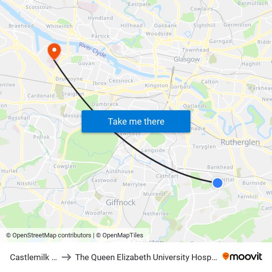 Castlemilk Road to The Queen Elizabeth University Hospital Campus map