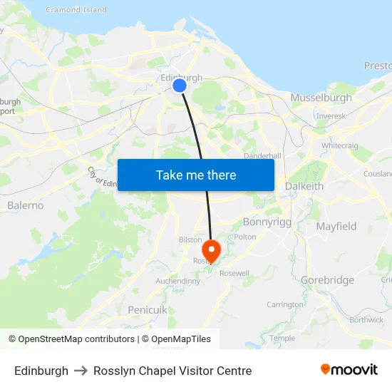 Edinburgh to Rosslyn Chapel Visitor Centre map