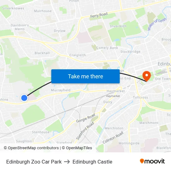 Edinburgh Zoo Car Park to Edinburgh Castle map