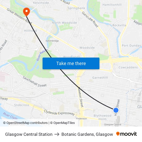 Glasgow Central Station to Botanic Gardens, Glasgow map