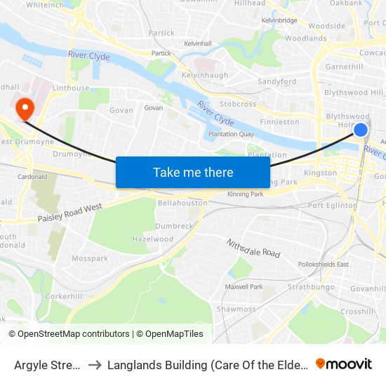 Argyle Street, Glasgow to Langlands Building (Care Of the Elderly, Dermatology, Stroke Rehab) map