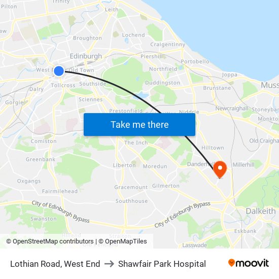 Lothian Road, West End to Shawfair Park Hospital map
