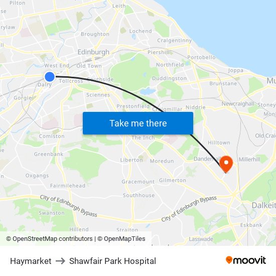 Haymarket to Shawfair Park Hospital map